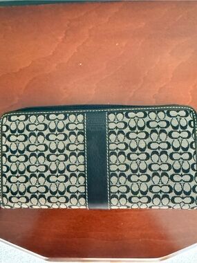 Coach Black and Gray Signature Canvas Wallet with Black Leather Trim